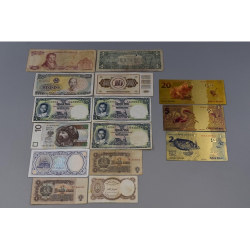 158 - A Selection of Twelve Worldwide Banknotes, With Three Gold Leaf Replica Banknotes