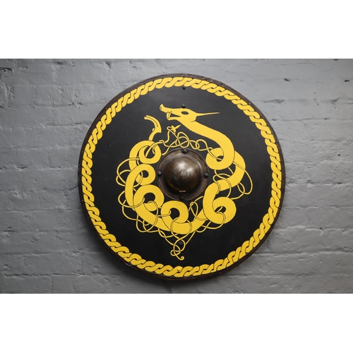 408 - A Reenactment Viking Shield With Yellow Sea Serpent on Black Background. Approx 32