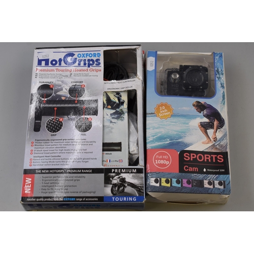 582 - Waterproof Sports Cam and a Pair of Oxford Motorcycle Heated Grips (Both in Boxes)