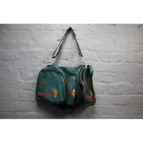 639 - Brand new and unused 1990s Vintage Head Monte Carlo faux leather green sports duffle holdall with si... 