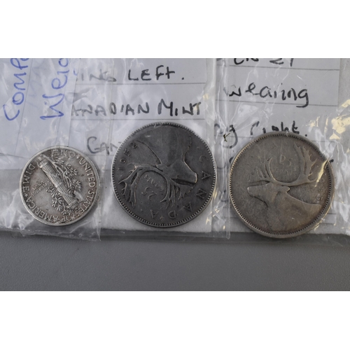 166 - Three Silver Coins. Includes 1937 USA Mercury Dime, 1952 Canadian 25 Cents, And 1955 Canadian 25 Cen... 