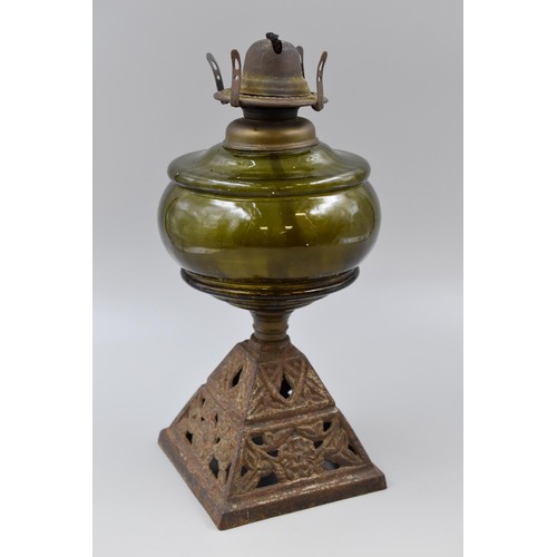 412 - Late Victorian Cast Metal and Green Glass Oil Lamp