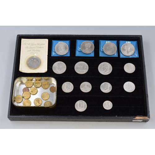 171 - Selection of Elizabeth II Crowns, and threepence Coins together with USA Dollar and Half Dollars