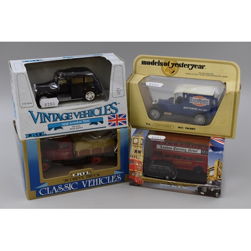 206 - Collection of 4 model cars/trucks boxed. Vintage Vehicles 1885 london taxi, Classic Vehicles 30 Chev... 