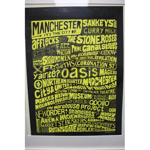 668 - Framed and Glazed Manchester City Centre Poster Displaying Oasis, Sankeys Soap, The Stone Roses, New... 