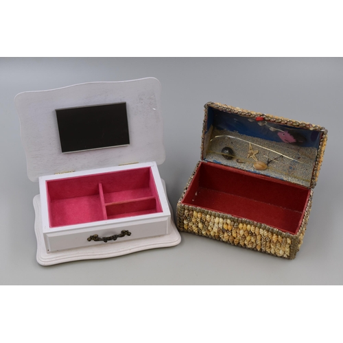 488 - Two vintage jewellery boxes including a shell covered box and a white painted box