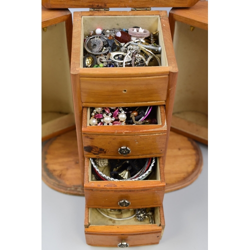 489 - Wooden 3 Drawer Jewellery Cabinet complete with Contents including Brooches (a/f)