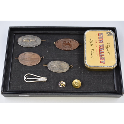 245 - Selection Railway Badges, A Sun Valley Tobacco Tin and two Badges