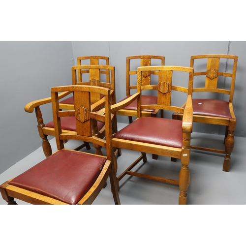 674 - Set of 6 Golden Oak Red Leather Upholstered Dining Chairs. Incl 2 Carvers. ( possibly faux leather)