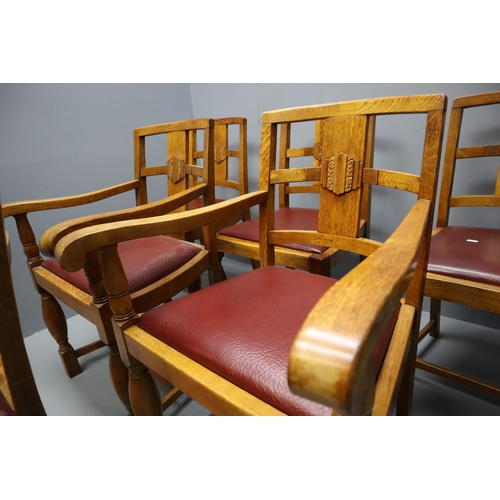 674 - Set of 6 Golden Oak Red Leather Upholstered Dining Chairs. Incl 2 Carvers. ( possibly faux leather)