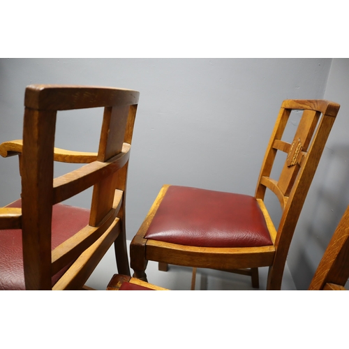 674 - Set of 6 Golden Oak Red Leather Upholstered Dining Chairs. Incl 2 Carvers. ( possibly faux leather)