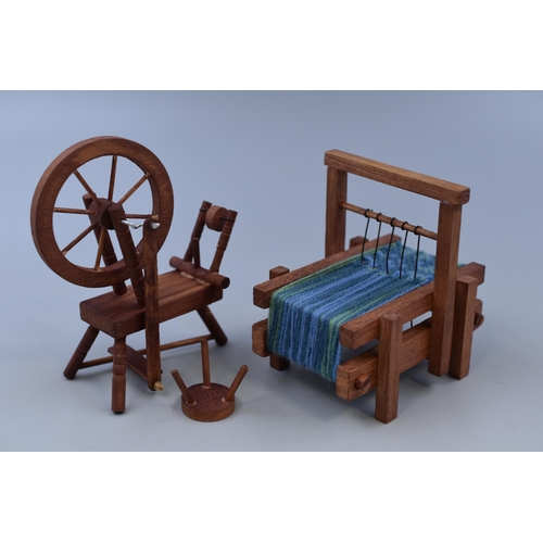 503 - Two Handmade Wooden Weaving Miniatures, Includes Spinning Wheel and Loom