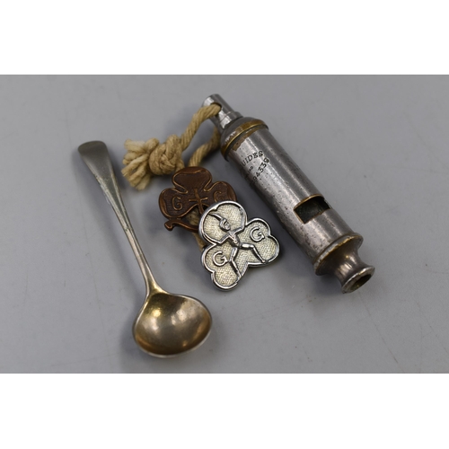 281 - Girl Guide Whistle and two Pin Badges and a Denver Silver Mustard Spoon