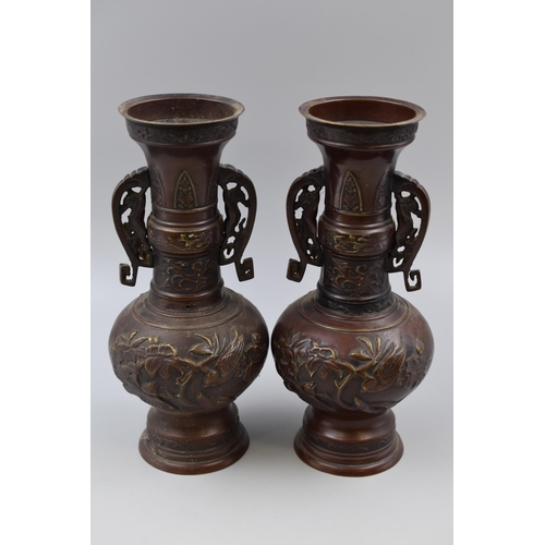 287 - A Pair of Bronzed Meiji Style Vases Decorated With Birds, Approx 10