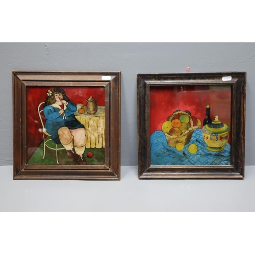 304 - Two Early Nina Gorda Oil on Glass Paintings Depicting a Seated lady and a Still Life Scene approx 12... 