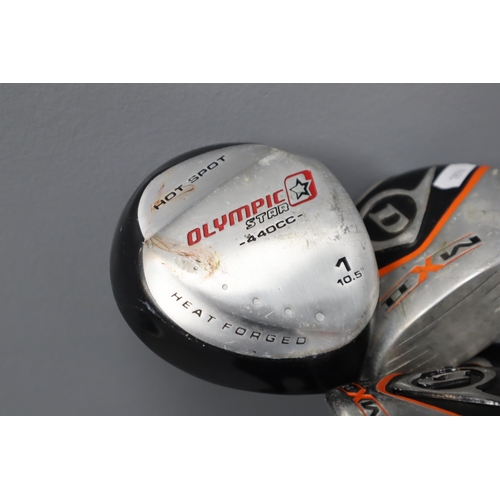 709 - Dunlop TI Matrix 1 (10.5 degree), 3 & 5 metal woods and an Olympic star 10.5 degree 1 wood.