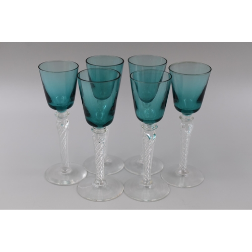 321 - Set of Six Vintage Bristol Green Air Twist Stemmed Sherry Glasses