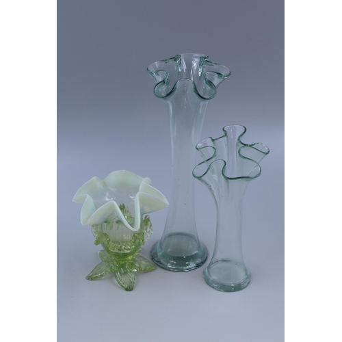 326 - Three Mid Century Hand Blown Glass Uranium Handkerchief Vases (one a/f but does not Detract from its... 