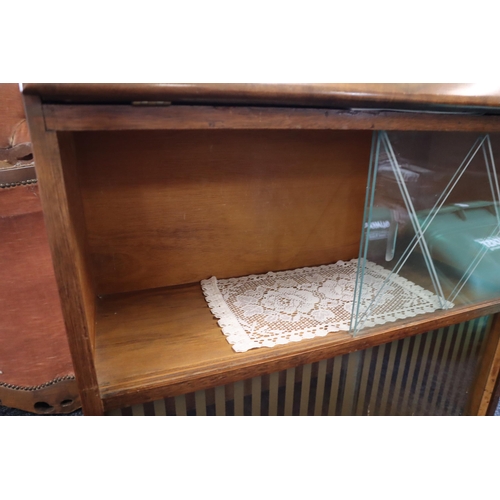 610 - Vintage Solid Teak Integrated Writing Bureau/ Book Display case Unit with Top and Bottom Sliding Gla... 