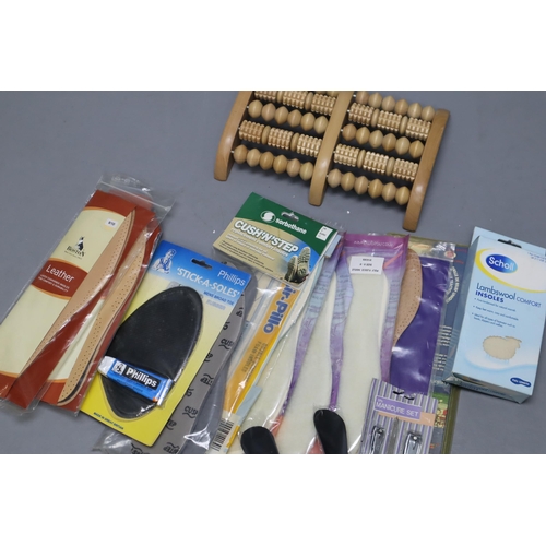 726 - Selection of shoe inerts ranging from Sholl air pillo (6-12) fleece insoles x3 (8-9) Boston leather ... 