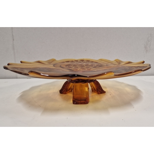 336 - STOLZLE HERMANOVA HUT, CZECH, Large Amber Art Deco Glass Cake Stand