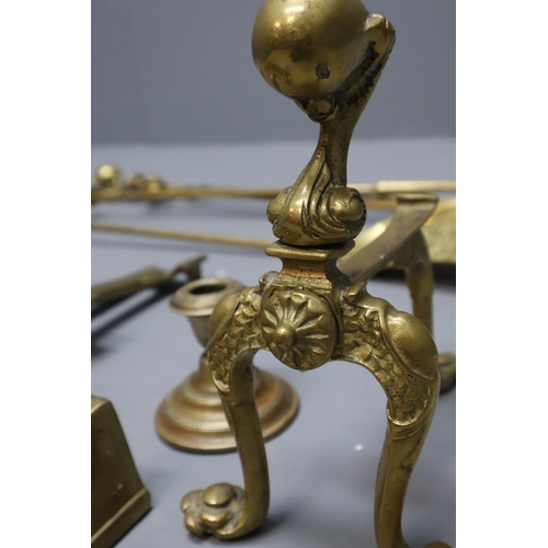 808 - A Brass Fireplace Set To Include Fire Front, Candlesticks, Bellows, And More