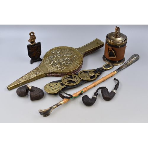 776 - A Mixed Selection To Include Horse Brasses, Bellows, Horse Cigarette Holder, Smoking Pipes, And More