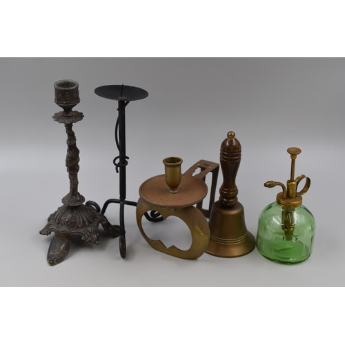 781 - Selection of Vintage Brass and Metal Ware including Candleholders, Bell (No Striker) Atomiser ansd M... 