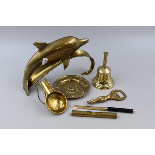 785 - Selection of Brass items to Include Naked Bottle opener, Dolphin, Cigar Rest and other