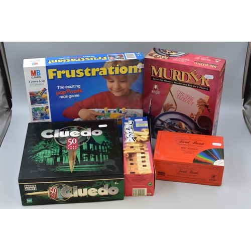 830 - 5 games to include, Jenga, Murder alacrte Chinese takeaway, Cluedo 50, Frustration and Trivial Pursu... 