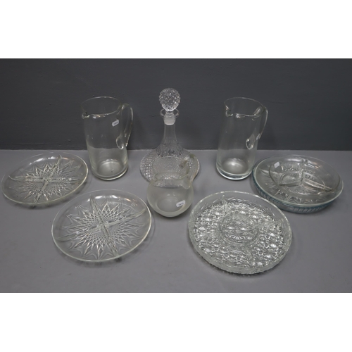 806 - Collection of five 3 section serving plates, a decanter plus one Pyrex shallow dish and 3 glass jugs... 