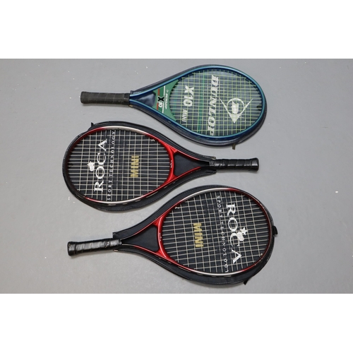 852 - 2 Roca mini tennis rackets and 1 Dunlop mini tennis rackets in cases and in good condition.