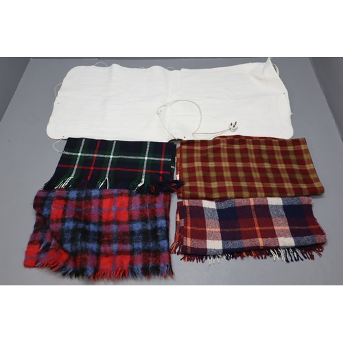 869 - Four tartan travel rugs and a single electric blanket (working) and a sewing box containing sewing i... 