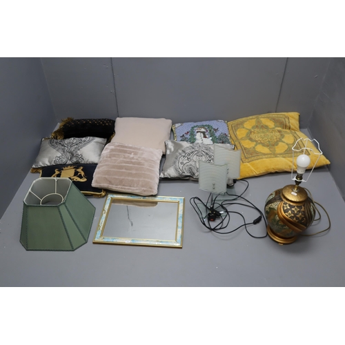 871 - A Selection of Household Items To Include Cushions, Gilt Framed Mirror, Pair of Frosted Glass Front ... 