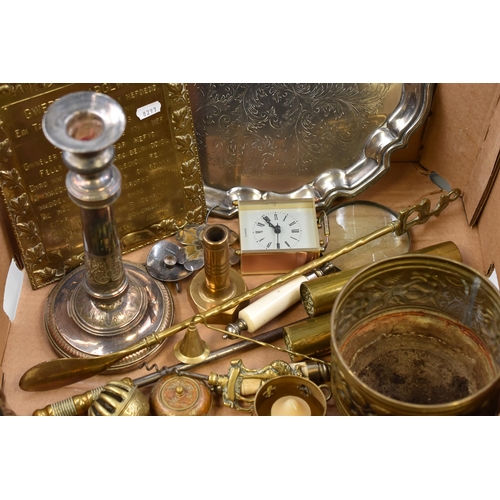 874 - A Selection of Metal and Brassware To Include Welsh Lord's Prayer Plaque, Silver Plated Candlestick,... 