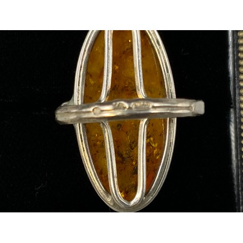 14 - Large Silver 925 Amber Stoned Ring (Size M) Complete with Presentation Box