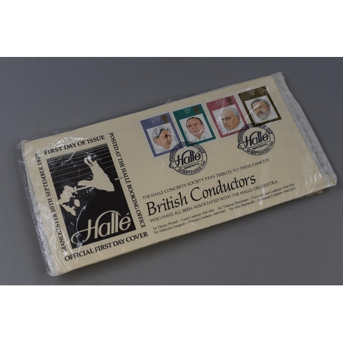 British Halle Orchestra Conductors Stamps Set Featuring 17.5p Sir John Barbirolli, 15p Sir Malcolm Sargent, 13 1/2p Sir Thomas Beecham and 12p Sir Henry Wood.