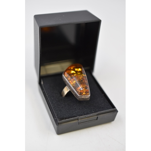 2 - Silver 925 Amber stoned ring (Size M) complete with presentation box