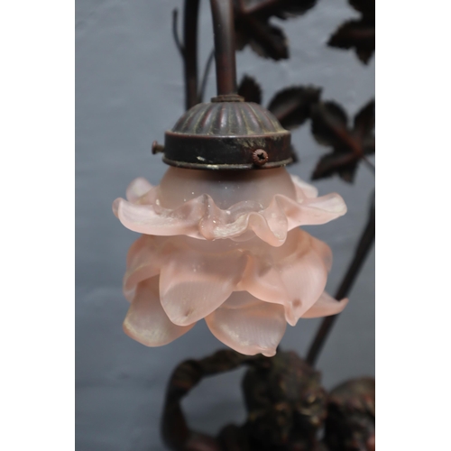 307 - A Bronzed Auguste Moreau Lovers Lamp, With Art Nouveau Style Frosted Pink Glass Shades. Approx 31