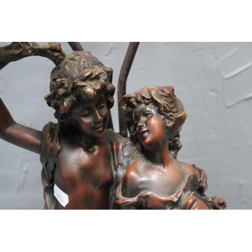 307 - A Bronzed Auguste Moreau Lovers Lamp, With Art Nouveau Style Frosted Pink Glass Shades. Approx 31