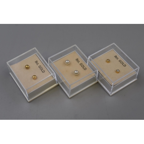 63 - Three Gold 9ct (375) Stud Earrings Complete with Cases (two with Jelly Backs / one with Gold Back)