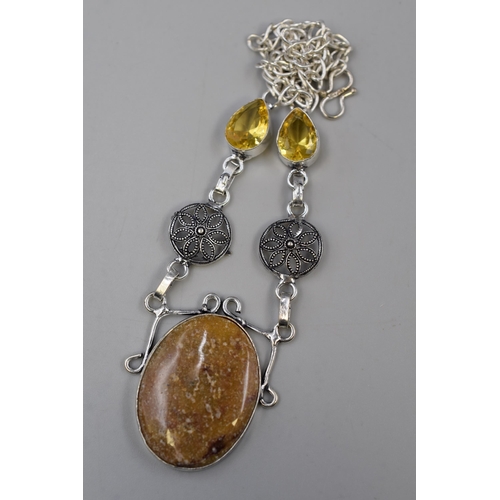 65 - A Fossil Coral and Citrine Stoned 925. Silver Necklace