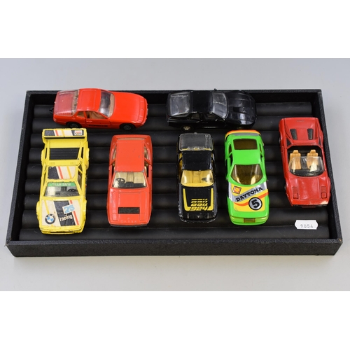 469 - Seven Die Cast Corgi Sports Cars Scale 1:36 (Play Worn), Includes Four Porsches, Ferrari, Lotus, And... 