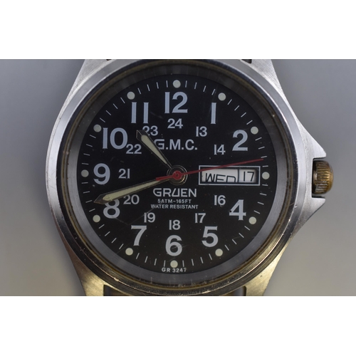 90 - A GMC Gruen Military Style Quartz Watch With Fabric Strap, Working