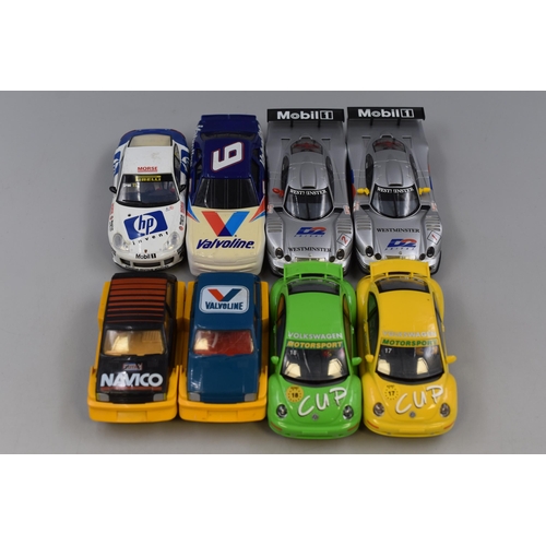 474 - Eight Scalextric Cars (Four Pairs), Includes Mini Metros, VW Beetles, Mercedes CLK EM, And Porshe