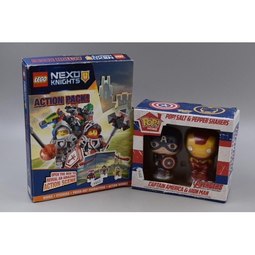 Two Childrens Toys To Include Funko Pop Avengers Salt and Pepper Shakers (Captain America and Iron Man), With Lego Nexo Knights Action Pack