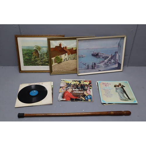 833 - Selection of Art Works, Vinyl LP's and Walking Stick