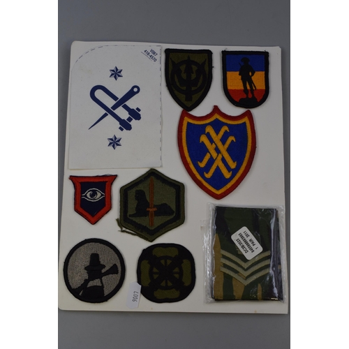 250 - Selection of Military Patches and Buttons on 7 Sheets