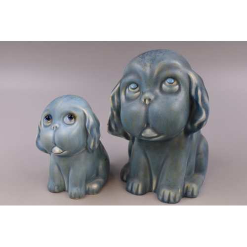 256 - Pair of Vintage Pot Crown Devon Puppy Dogs with Glass Eyes and markings to the bases