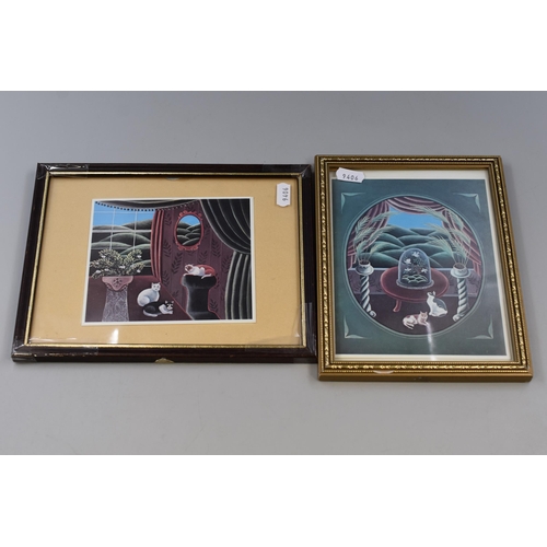 Two Framed and Glazed Jerzy Marek Prints Depicting Cats, Largest Approx 8"x10". One Frame Will Need Repairing